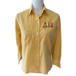 Vintage 70s Helen Cerda Embroidered Shirt Yellow Gingham Avocado Butterfly
